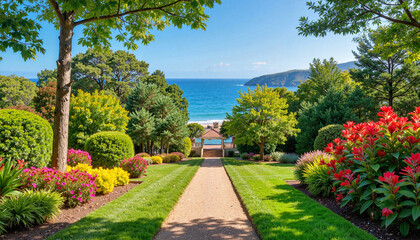 Lush hotel gardens leading to the beach, vibrant coastal escape