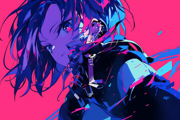A vibrant digital illustration of a confident character with striking features against a bold pink backdrop