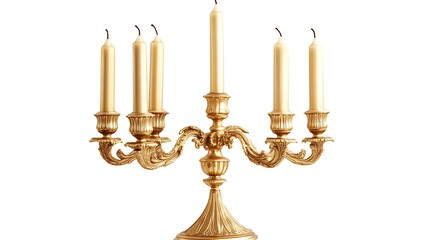 A gold candelabra with candles isolated on white background, featuring an ornate vintage design, elegant luxury decor and classic antique style
