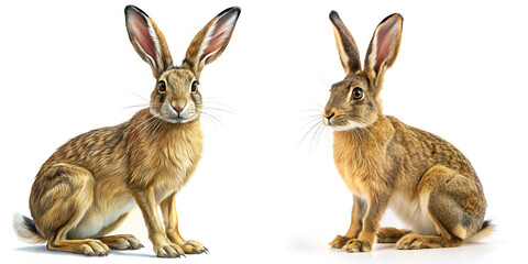 Obraz premium Two Brown Hares, Frontal and Profile Views