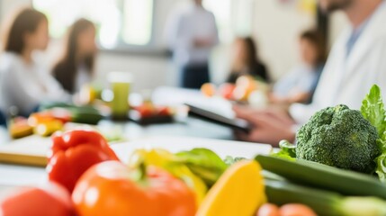 A professional nutritionist giving a lecture, in a classroom setting, discussing the importance of balanced diets