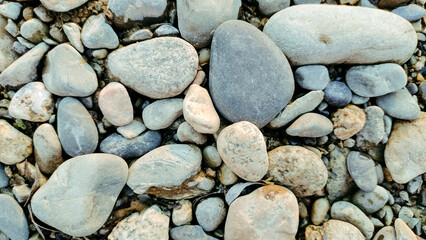 Stones of different sizes, colors and shapes lie on the ground.