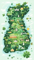 Fototapeta premium Map of Ireland, A beautifully illustrated map of Ireland with key landmarks highlighted, surrounded by shamrocks ,green-themed decorations, celebrating the origins of St. Patrick's Day