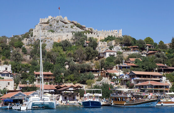 The village of Kalekoy seen from south with Byzantine castle in the centre, Turkey