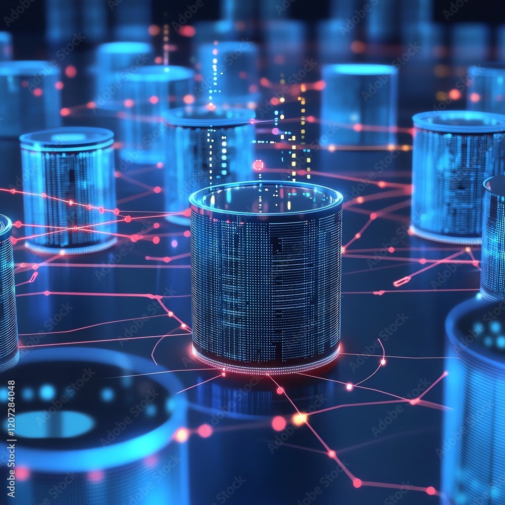 Poster digital landscape with glowing data cylinders and network connections in a futuristic setting