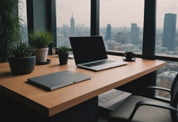 A desk with a laptop offers a stunning city skyline view