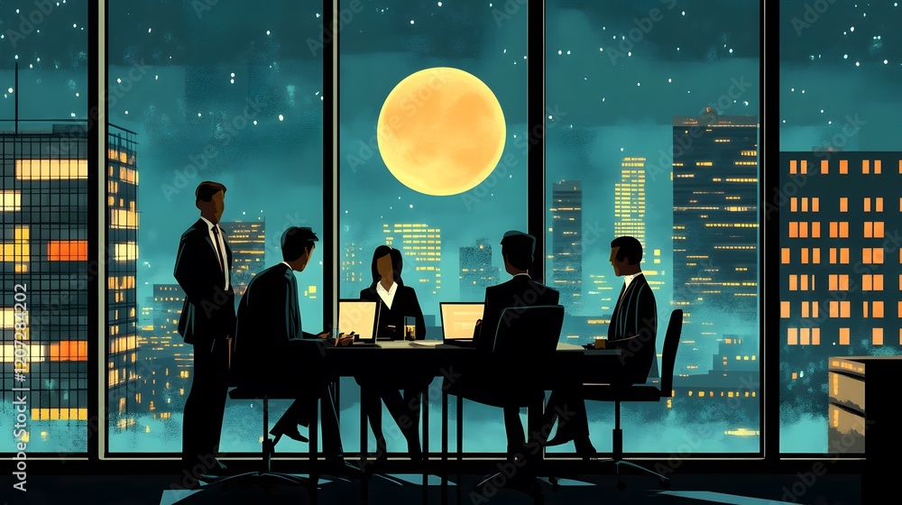 Poster a group of people are sitting at a table in a window with a full moon in the background