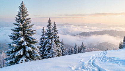 Frosty evergreen trees against snowy hillside, serene winter calmness