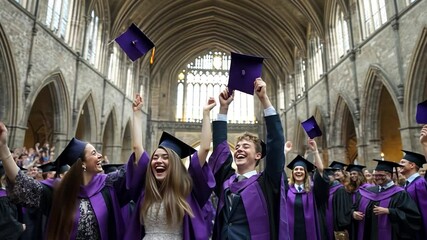 students celebrate graduation by throwing hats