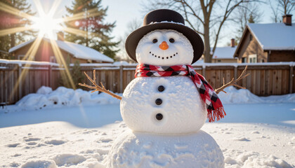 Obraz premium Cheerful snowman wearing scarf in sunny backyard after snowfall, winter joy