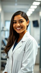 Happy beautiful young Hispanic doctor woman in white uniform coat standing in medical office looking