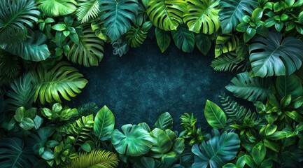 Fototapeta premium Lush tropical leaves frame, dark background, design element