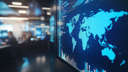 Digital world map in a futuristic control room