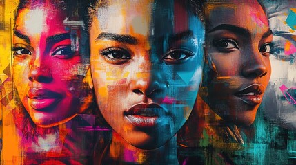 Obraz premium Colorful digital art of three diverse women's faces, symbolizing strength and unity.