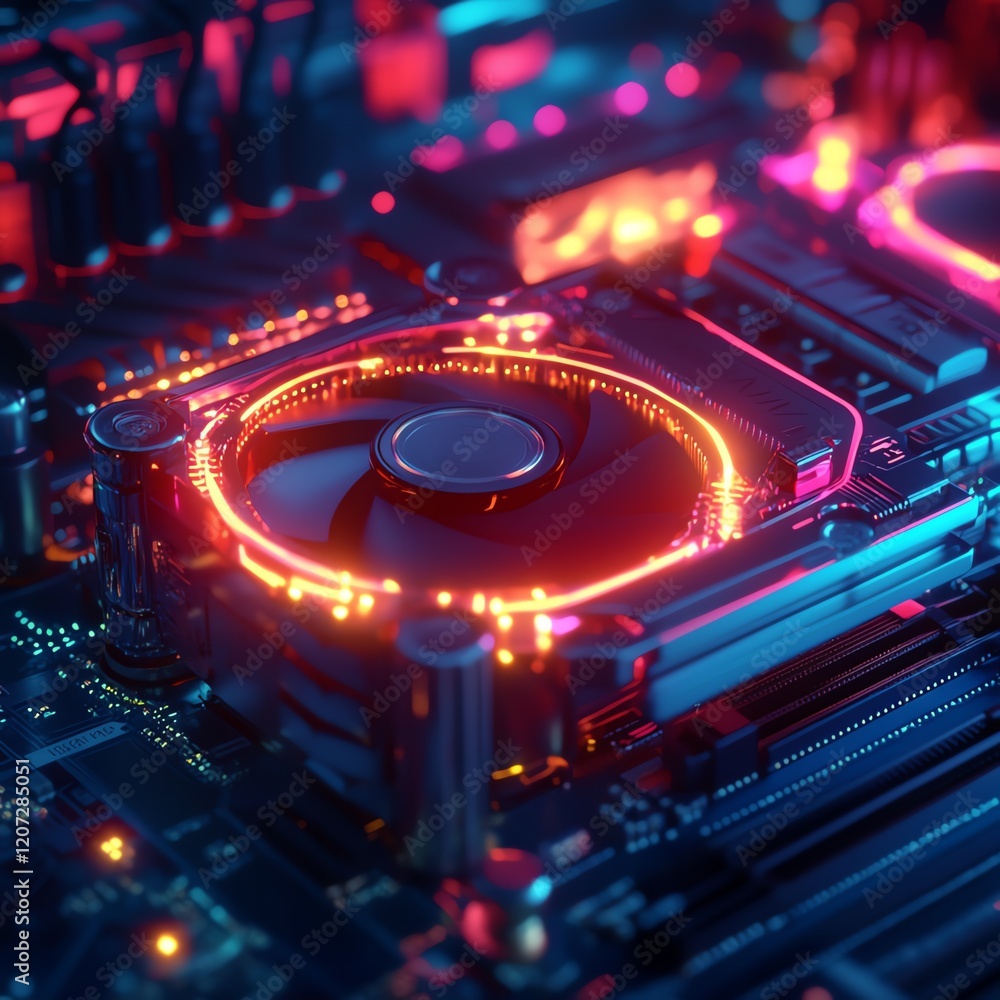 Poster advanced cooling system highlighted by vibrant neon lights in a high-performance computer setup