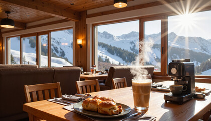Cozy mountain cafe with steaming coffee and snowy views, winter warmth
