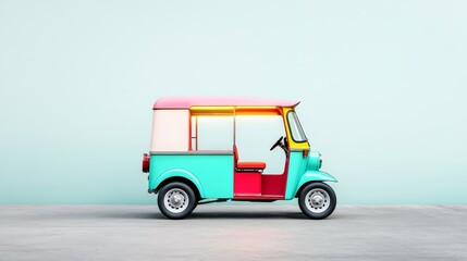 Fototapeta premium Vibrant and Colorful Auto Rickshaw Against a Minimalist Background in Soft Pastel Tones Perfect for Travel and Adventure-Themed Stock Photography