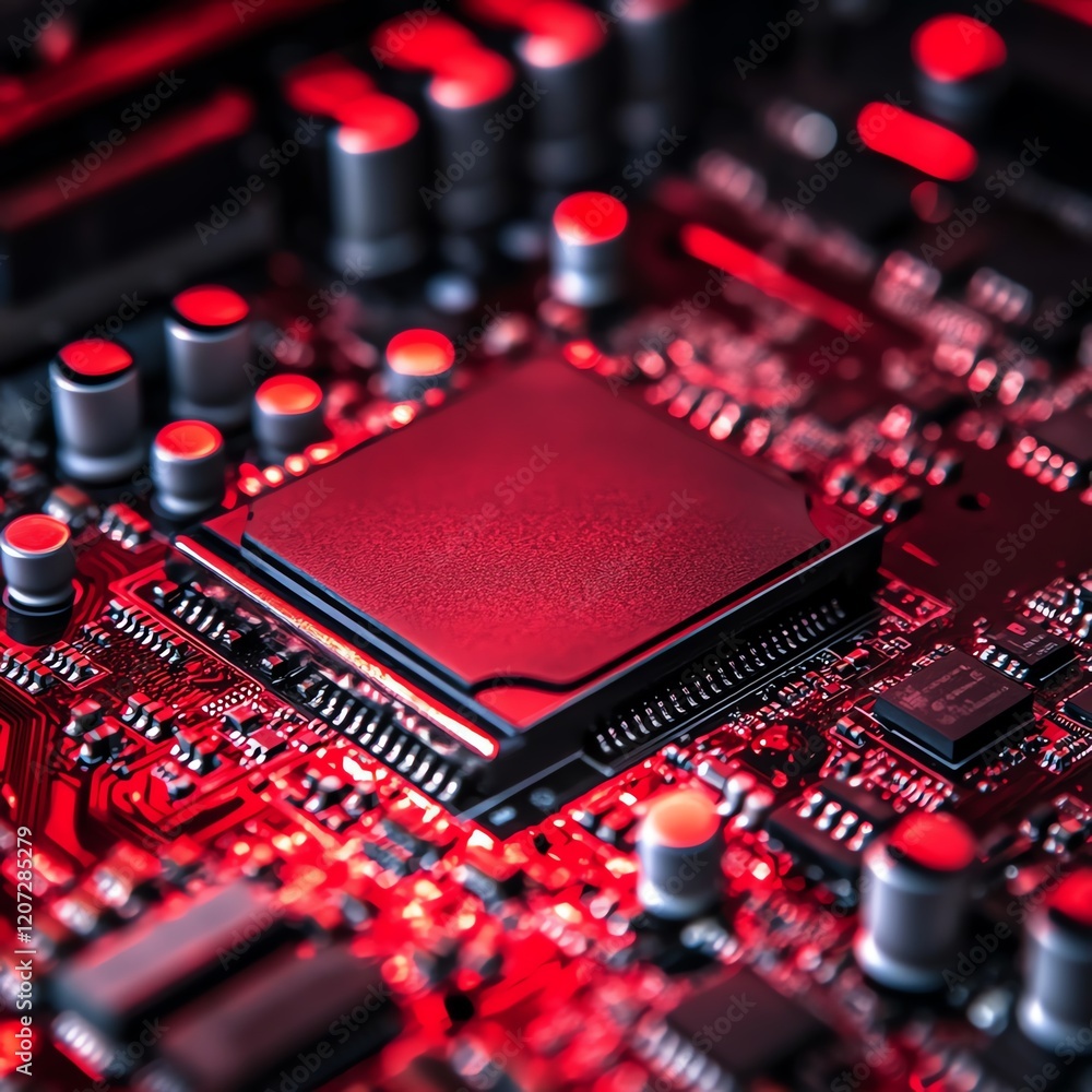 Poster close-up view of a modern microchip on a circuit board illuminated by red lighting in a tech environ