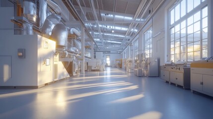 Sunlit Modern Factory Interior with Industrial Machinery
