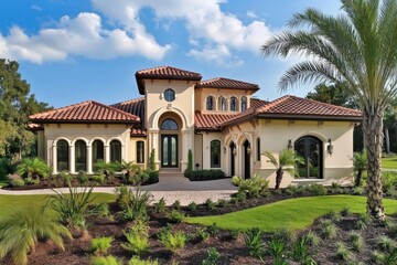 Naklejka premium A beautiful Mediterranean Revival house with a tiled roof, arched windows, and lush landscaping. The home features a grand entrance and is surrounded by palm trees and greenery.