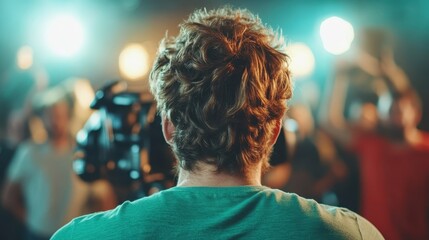 A photographer captures a vibrant moment, overlooking an enthusiastic crowd illuminated by bright lights, framing an energetic atmosphere full of creativity and excitement.