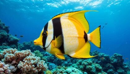 Vibrant tropical fish swimming near coral garden, underwater beauty