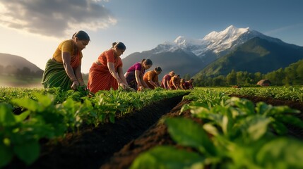 Indian Rural Women Working in Green Fields with Himalayan Mountains in Background
