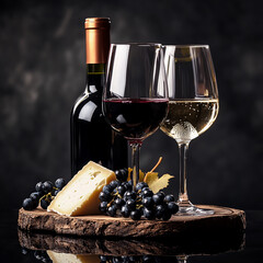 A close-up shot of two elegant wine glasses filled with red and white wine, set on a rustic wooden board with grapes and cheese