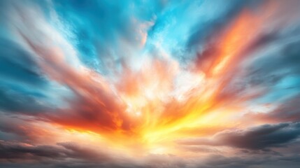 Fototapeta premium This stunning image captures a vibrant sunset painted across the sky, displaying dramatic clouds in an array of warm colors that evoke a sense of awe and tranquility.