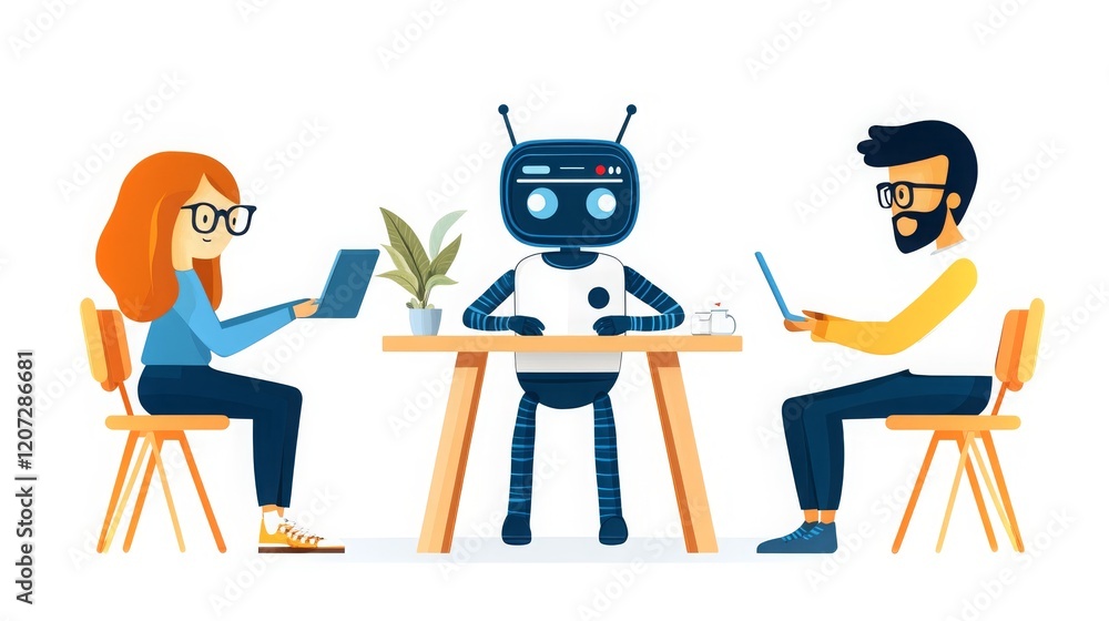 Poster collaborative session with an ai robot and two people in a modern workspace setting