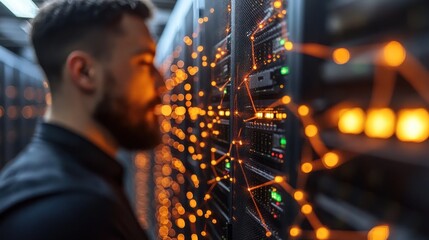 IT technician inspecting server rack.