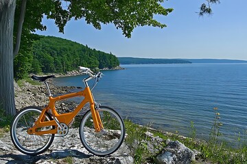 Fototapeta premium Vibrant Orange Bike by Serene Lakeside