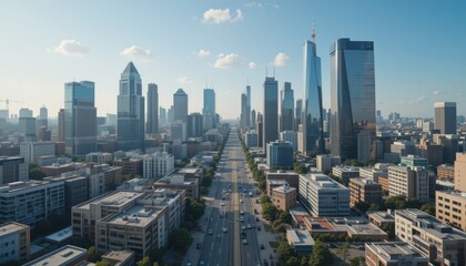 Fototapeta premium Cityscape aerial view of urban highway, skyscrapers, and morning light