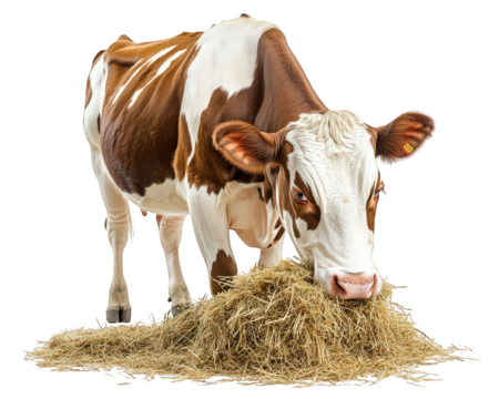 cow eating hay on transparency background, showcasing its brown and white coat. cow appears calm and content while feeding, highlighting its natural behavior