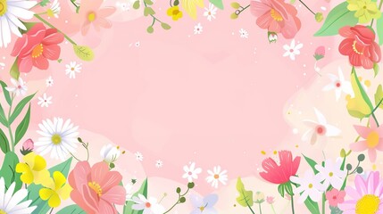A charming spring background adorned with an array of spring flowers and delicate daisies. The vibrant colors and sweet scents of these blossoms create a refreshing and inviting atmosphere