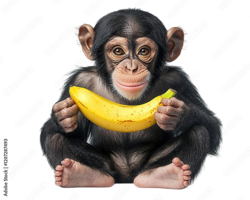 Poster monkey holding banana, sitting with playful expression, isolated on transparency background. this ad