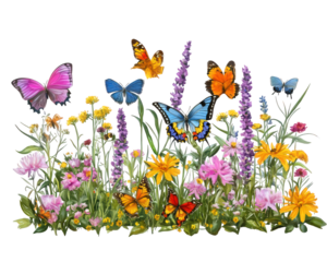 vibrant butterfly garden filled with colorful flowers and butterflies, showcasing nature beauty and diversity. This lively scene captures essence of spring and summer