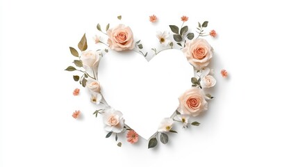 Delicate Floral Heart Shape with Soft Peach and White Roses Surrounded by Green Leaves and Tiny Blooms Against a Clean White Background