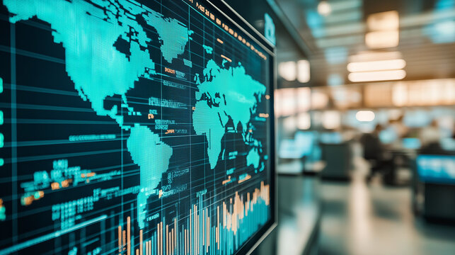 Digital world map in a futuristic control room - Powered by Adobe