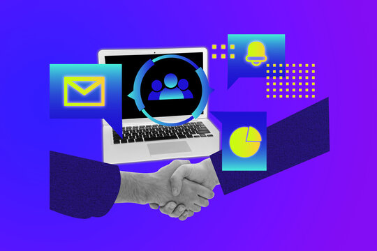 Creative photo poster trend art collage image of two hands shake gesture cyberspace cooperation icon envelope bell notification deal