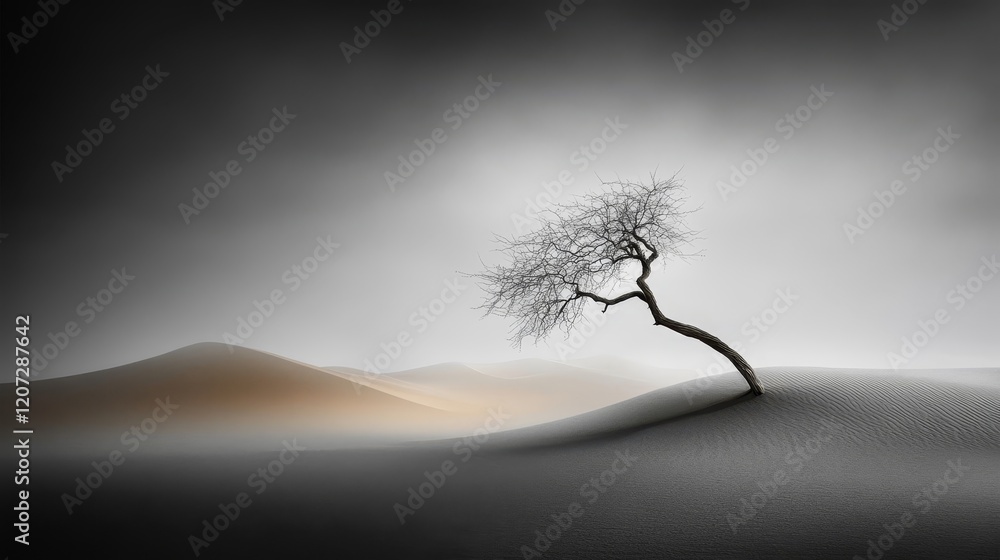 Aufkleber serene desert landscape with a single gnarled tree against a minimalist background of soft sand dune