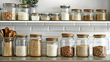 Clean and organized kitchen shelf showcases clear jars filled with grains, rice, and cooking essentials, promoting efficient meal prep