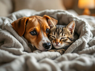 Obraz premium Dog and cat cuddling under blanket.