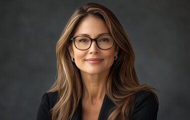 Fototapeta premium Professional woman with glasses poses confidently against a dark background in a sophisticated setting