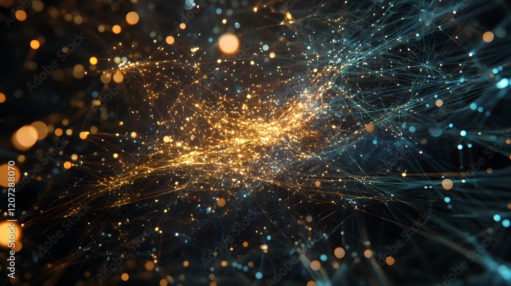 Poster a computer generated image of a starry night sky with a bright orange and blue glow. the stars are s