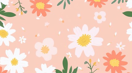 A charming spring background adorned with an array of spring flowers and delicate daisies. The vibrant colors and sweet scents of these blossoms create a refreshing and inviting atmosphere