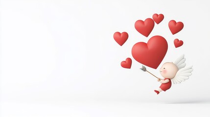 Adorable Cupid Character with Wings, Holding a Bow and Arrow Surrounded by Floating Red Hearts on a Clean, White Background for Romantic Themes
