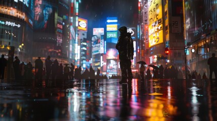 Obraz premium Tourist Walking Through the Neon-Lit Streets of Shibuya Crossing at Night, Immersed in Tokyo's Vibrant Urban Energy