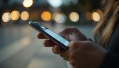 Woman texting on phone, city night, bokeh background, communication