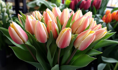 Fototapeta premium Vibrant Tulip Bouquet with Petals in Air Celebrating International Women's Day, Feminism, 8 March Concept